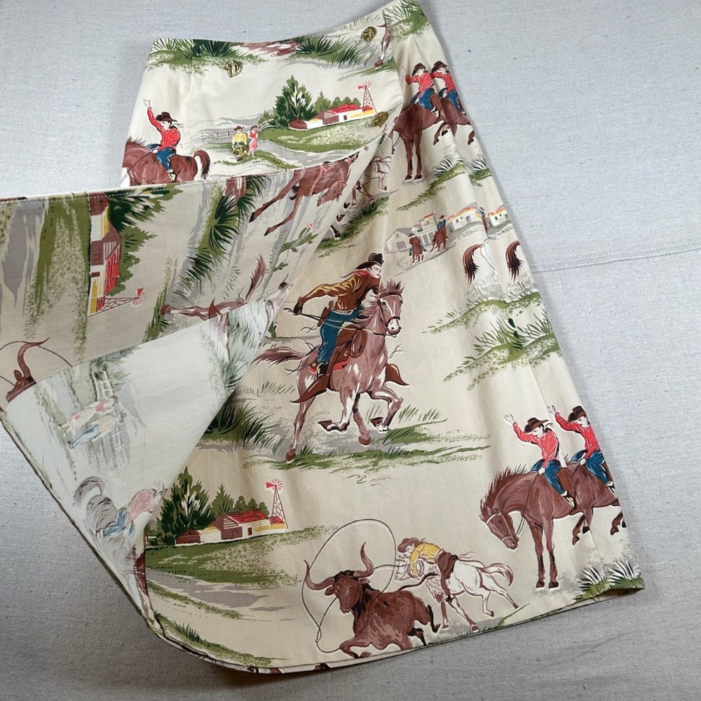 Vintage Western Cowgirl Horse Novelty Print Wrap Skirt Horse Head Buttons Tan 27 - Picture 3 of 8